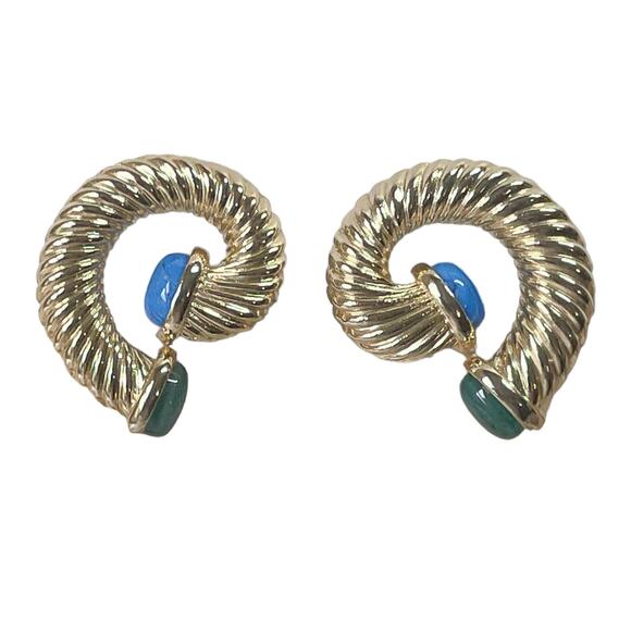 1990s Ribbed Gold Plate Blue & Green Glass Cabs Curved Etruscan Clip Earrings - Picture 1 of 3